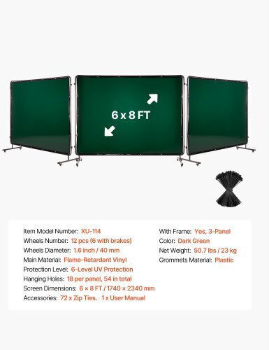 Vevor Welding Screen Frame 3-Panel 1.74 X 2.34m Welding Curtain Protective Screens Vinyl Flame Resistant 12 Wheels & 6-Layer UV Protection Workshop Industrial Use Dark Green