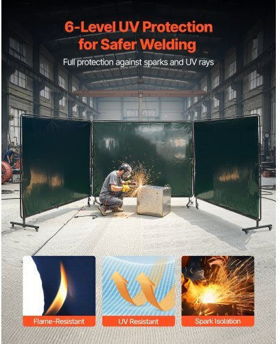 Vevor Welding Screen Frame 3-Panel 1.74 X 2.34m Welding Curtain Protective Screens Vinyl Flame Resistant 12 Wheels & 6-Layer UV Protection Workshop Industrial Use Dark Green