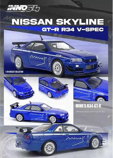 Machetă Mașină Nissan Skyline GT-R R34 V-Spec Tuned By Mine`s Albastru Scara 1:64 Inno64