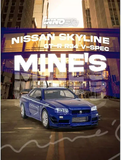 Machetă Mașină Nissan Skyline GT-R R34 V-Spec Tuned By Mine`s Albastru Scara 1:64 Inno64