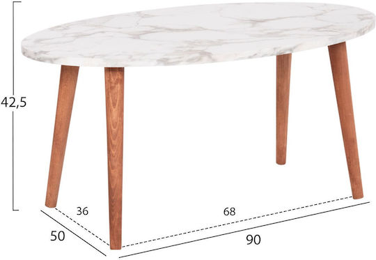 Oval Central Coffee Table Vital Wooden White Marble - Walnut W90xD50xH42cm