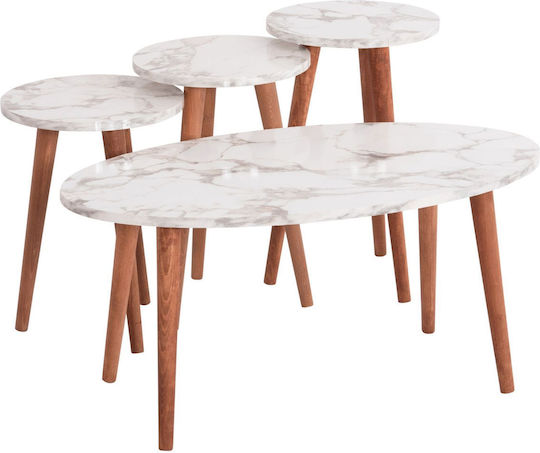 Oval Central Coffee Table Vital Wooden White Marble - Walnut W90xD50xH42cm