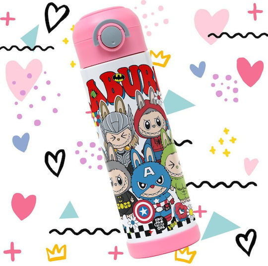 Koupakoupa Labubu Superheroes Kids Water Bottle Stainless Steel with Straw Pink 500ml