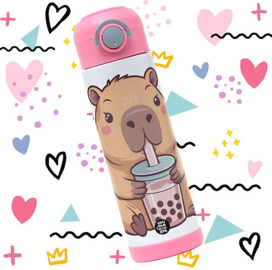 Koupakoupa Capybara Bubble Tea Kids Water Bottle Capybara Stainless Steel with Straw Pink 500ml