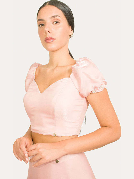 Damen Sommer Crop Top Satin Kurzarm mit Reißverschluss Rosa