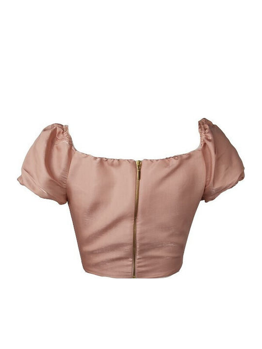 Damen Sommer Crop Top Satin Kurzarm mit Reißverschluss Rosa