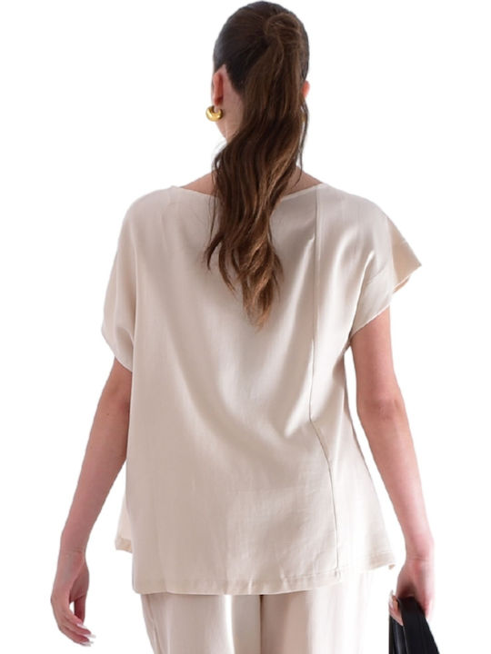 Women's Summer Blouse Short Sleeve Beige