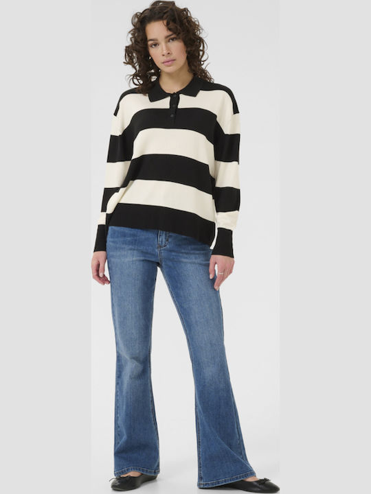 Bluza Damă Mânecă Lungă Pulover Cu Dungi Negru-Ecru