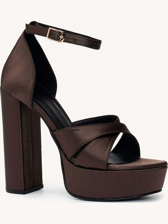 Braune Damen Sandalen Satin Blockabsatz Braune Damen Sandalen Satin Blockabsatz