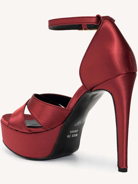 Burgundy Women's Satin Sandals Crossed Straps