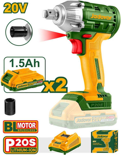 Jadever JDCD1512 Brushless Schlagschrauber Batteriebetrieb 20V 2x1.5Ah mit Bitgröße 1/2"