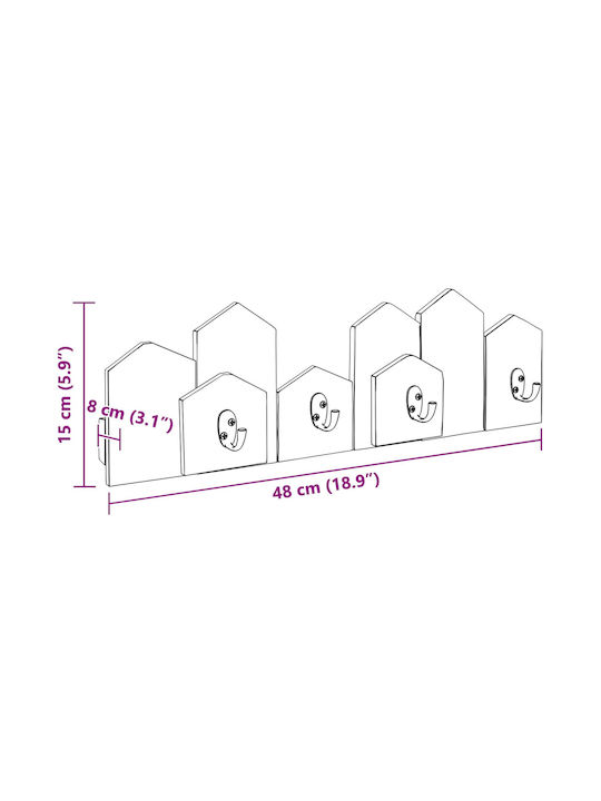 vidaXL Wooden Wall Hanger 5 Hooks Brown 48x15x8cm