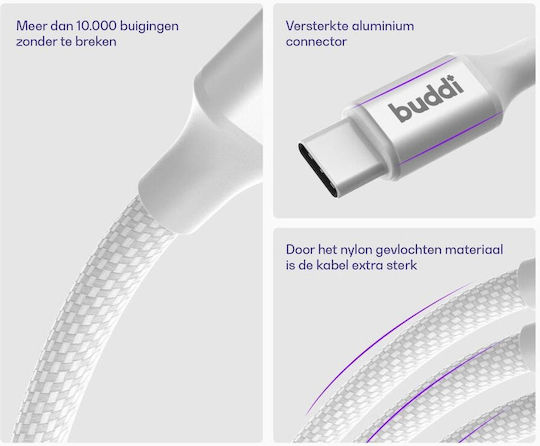 Buddi Flex USB 2.0 Cable USB-C male - USB-C 60W White 0.3m