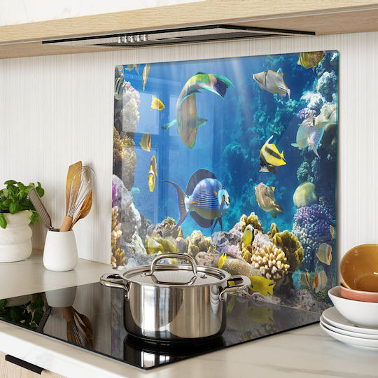 Tocătoare De Bucătărie Din Sticlă Sticlă Securizată Model Recif Coral 60x52 Cm