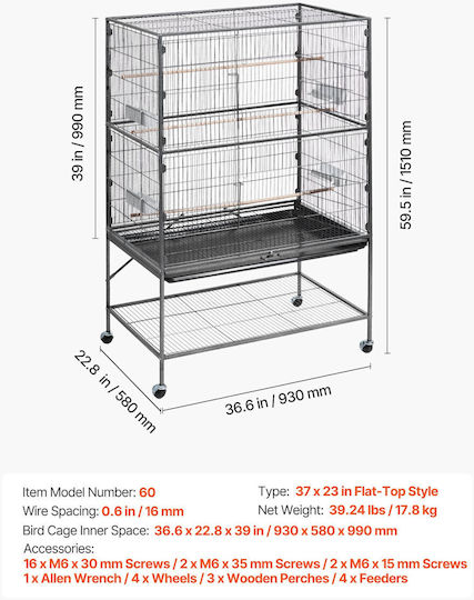 Vevor Vogelkäfig 93x58x151cm. Schwarz