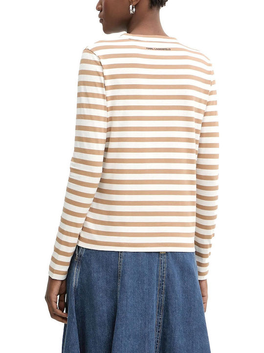 Women's Blouse Cotton Long Sleeve Striped Ecru-Beige