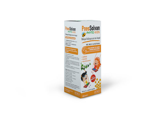 Rener PneoSolvan Phyto Kids Sirop vegetal pentru dureri de gât și tuse, Miere & Plante cu aromă de Căpșuni pentru Tuse Uscată și Productivă Miere 150ml