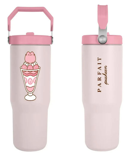 Pyramid International Glass Thermos Stainless Steel / Plastic BPA Free 880ml Pink with Handle and Straw