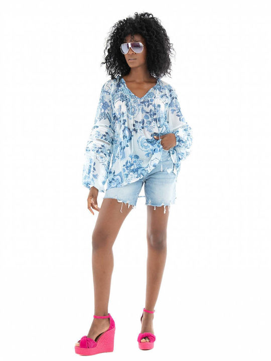 W3GH60WDW52 Tunic with 3/4 Sleeve with V Neckline Floral Blue