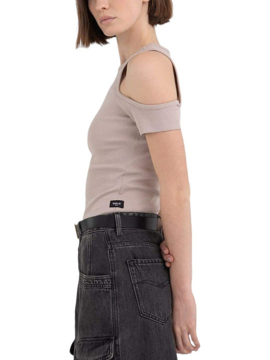 Damen Bluse Baumwolle Schulterfrei Kurzärmelig Beige