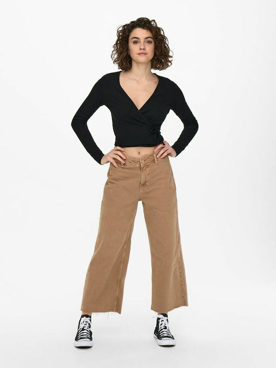 Emma Damen Crop Top Langarm mit V-Ausschnitt Schwarz