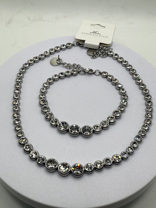 Elemar Σετ με Κολιέ & Βραχιόλι από Ατσάλι με Πέτρες