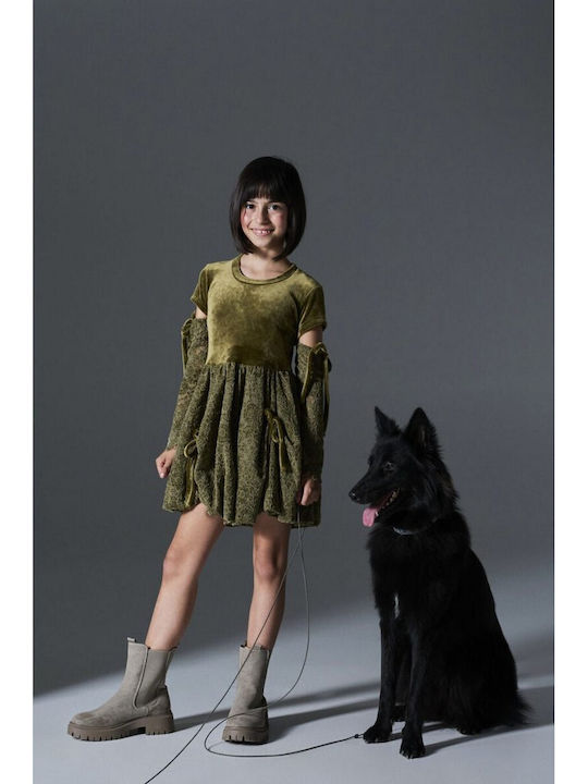 Children's Dress Velvet Olive