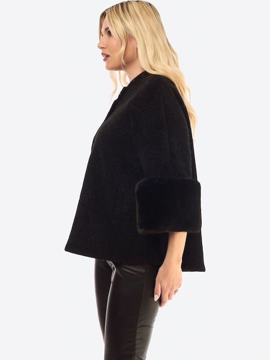 Women's Black Coat with Fur Details