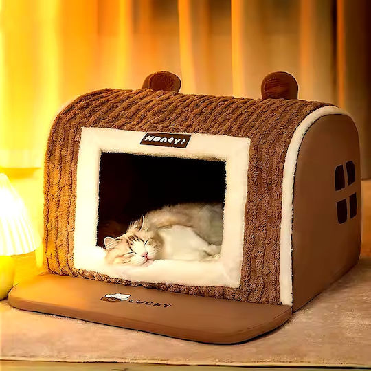 House – Nest for Cat & Dog – 50x40x35cm – Velvet Fabric & Plush Walls – Removable Cushion PP Cotton – Non Slip Bottom – Brown