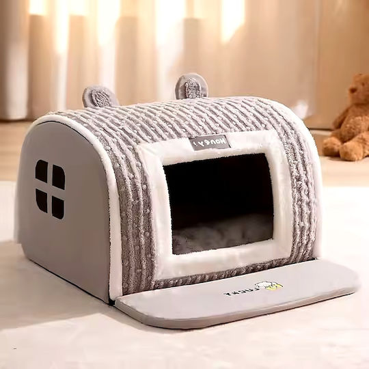 House – Nest for Cat & Dog – 50x40x35cm – Velvet Fabric & Plush Walls – Removable Cushion PP Cotton – Non-Slip Bottom – Gray