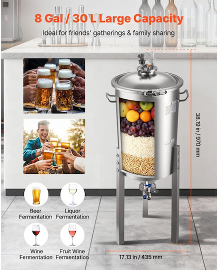 Conical Fermenter Vevor Stainless Steel Fermentation Tank Home Brewing 8 Gallons 30 Liters Brewing Bucket Conical Bottom 3 Adjustable Legs Cap Handle Thermometer Wine Beer Fermentation
