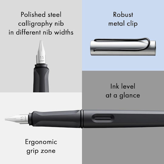Lamy Set Calligraphy Stub 1.5mm Black Fountain Pen Made of Aluminum with Black Ink