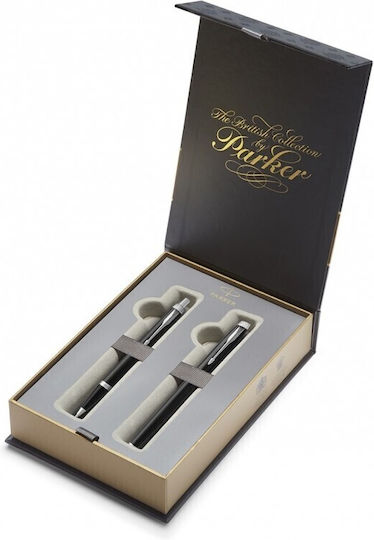 Parker IM Duo Pen Set Ballpoint Medium with Fountain Pen Medium made of Steel Laque Black CT in a case