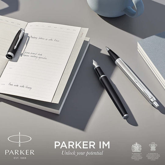 Parker IM Duo Pen Set Ballpoint Medium with Fountain Pen Medium made of Steel Laque Black CT in a case