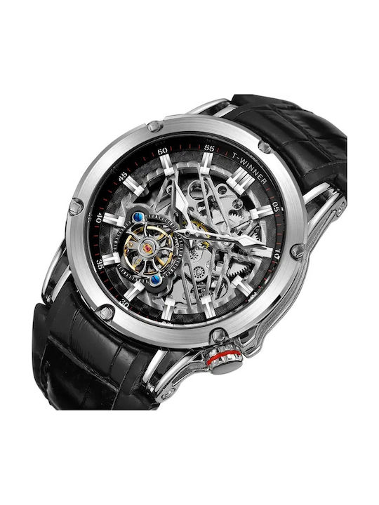 Ceas De Mână T-winner Ceas Barbatesc 44.6mm Automat Cu Curea Din Piele Neagră