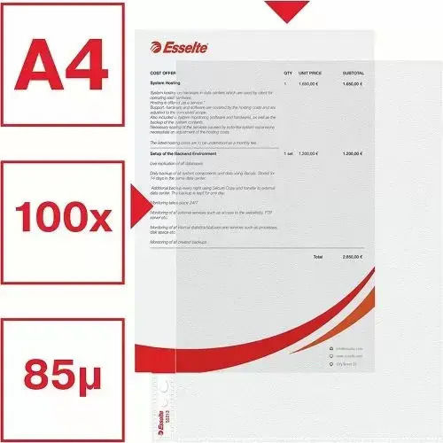 Esselte Document Pocket #220464117 Dc A4 85 Micron 100 Pcs Transparent Matte