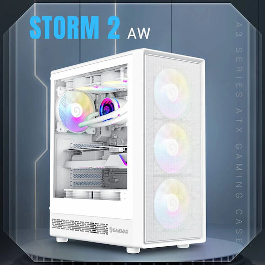 GameMax Storm 2 AW Gaming Midi Tower Computer Case with Side Window and ARGB Lighting White