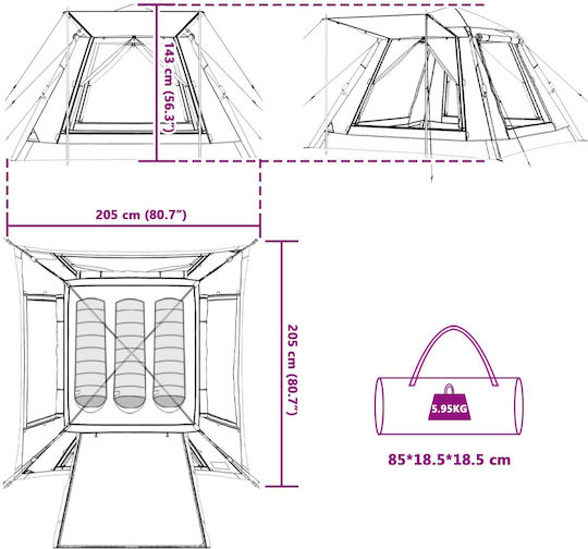 vidaXL Summer Camping Tent Grey with Double Cloth for 3 People 205x205x143cm