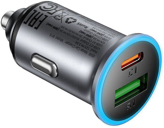 Acefast Auto-Ladegerät 65W Schnellladung mit Anschlüssen: 1xUSB 1xType-C mit Kabel Typ-C,TC-TC Gray Farbe