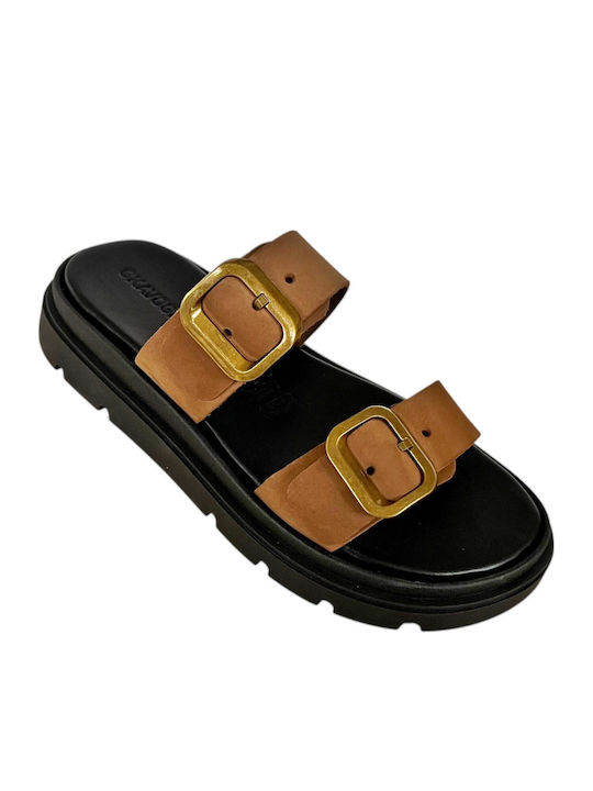Leather Women's Flat Sandals Flatforms in Tabac Brown Color