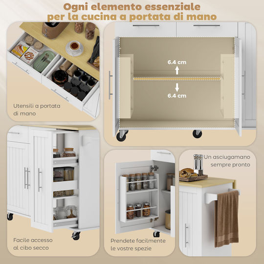 HomCom Τρόλεϊ Κουζίνας Ξύλινο 2 Θέσεων Λευκό 91x129cm