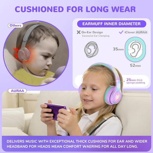 iClever Auraa Fără fir Bluetooth Pentru copii Over Ear Căști cu 47 ore de Funcționare Violet