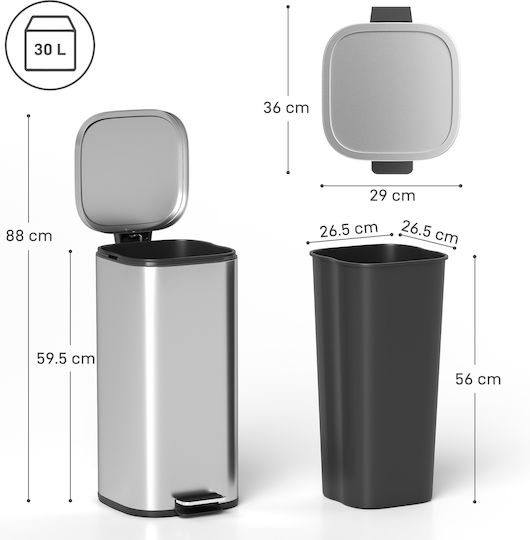 HomCom Metallic Waste Bin with Pedal 30L Silver