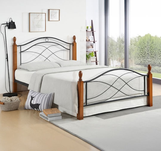 Polanian Single Metal Bed Walnut-Black with Slats for Mattress 90x190cm Polanian Single Metal Bed Walnut-Black with Slats for Mattress 90x190cm