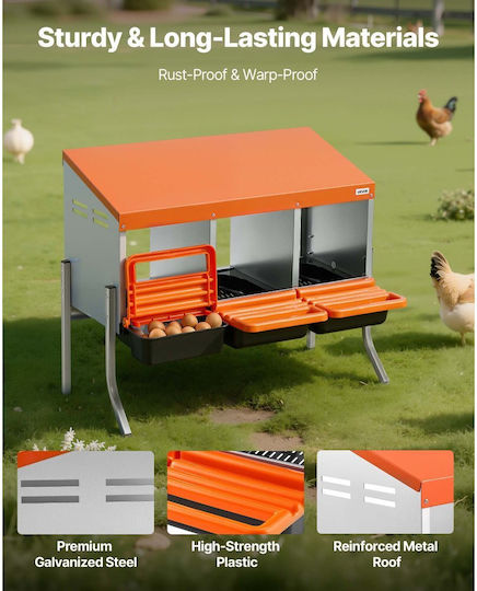Vevor Nesting Boxes Chickens 3 Compartments Support Legs Easy Egg Collection Galvanized Steel High Strength Plastic Rolled Nesting Boxes Chickens Hens Laying Eggs Orange
