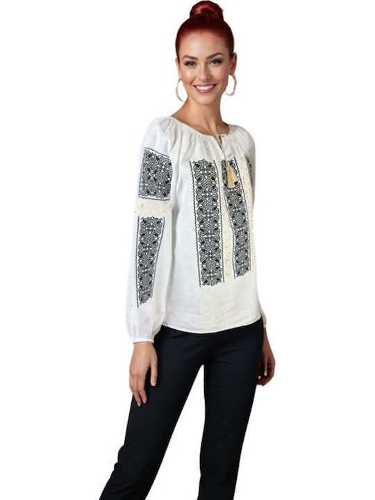 Bluza Damă Bumbac Mânecă Lungă Alb/Auriu