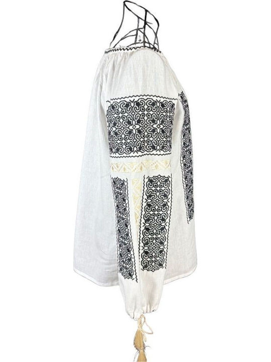 Bluza Damă Bumbac Mânecă Lungă Alb/Auriu