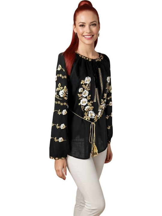 Bluza Damă Bumbac Mânecă Lungă Neagră/Albă
