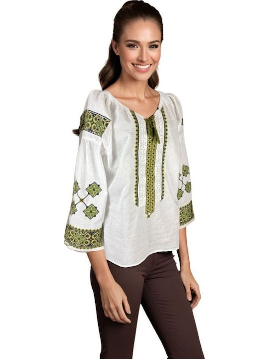 Bluza Damă Bumbac Mânecă Lungă Albă, Olive