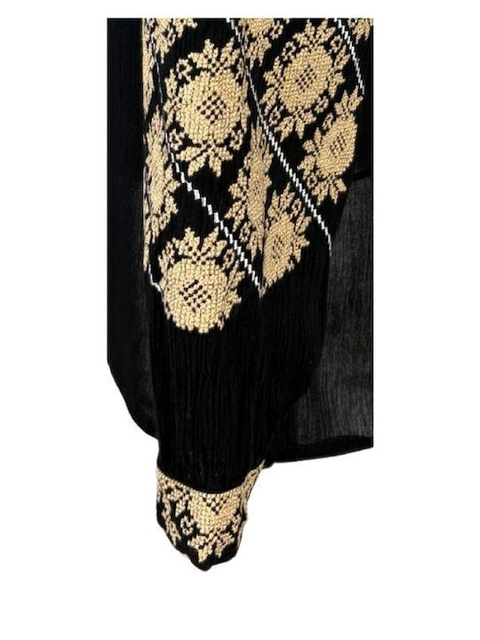 Bluza Damă Bumbac Mânecă Lungă Neagră/Bej